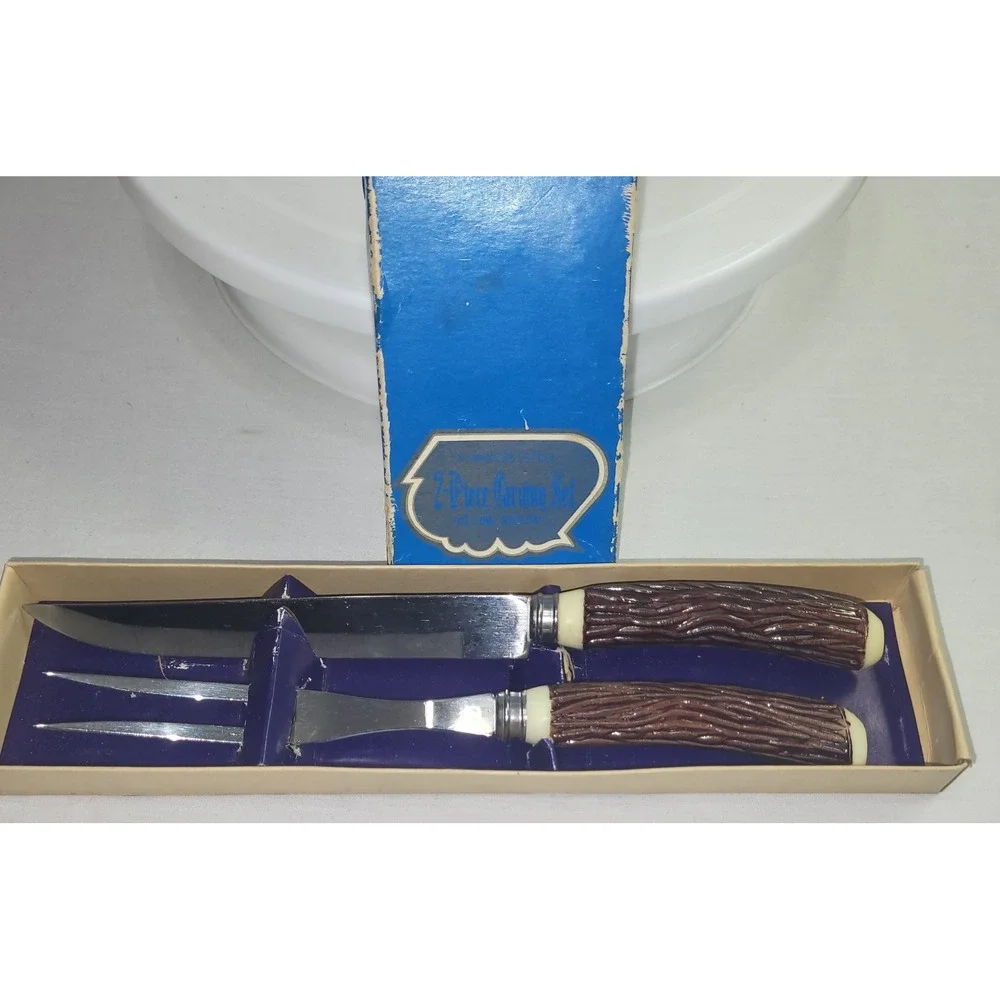 Vintage Faux Stag Stainless Japan 2pc Udall Farmers Union Co-op Carving Gift Set